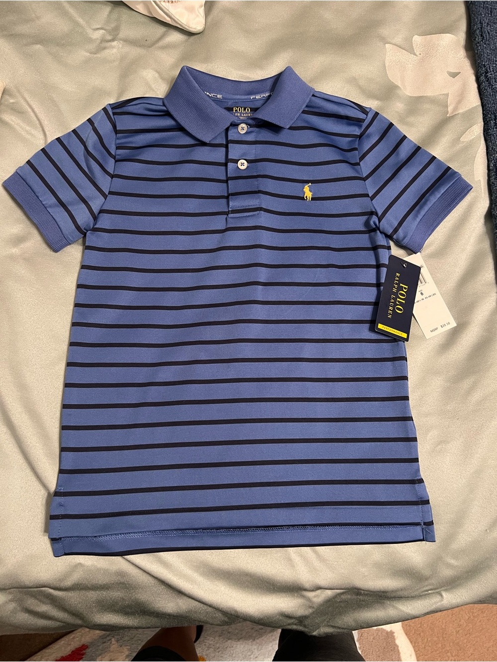 New Polo by Ralph Lauren boy 6 performance navy Blue Striped Short Sleeve Polo